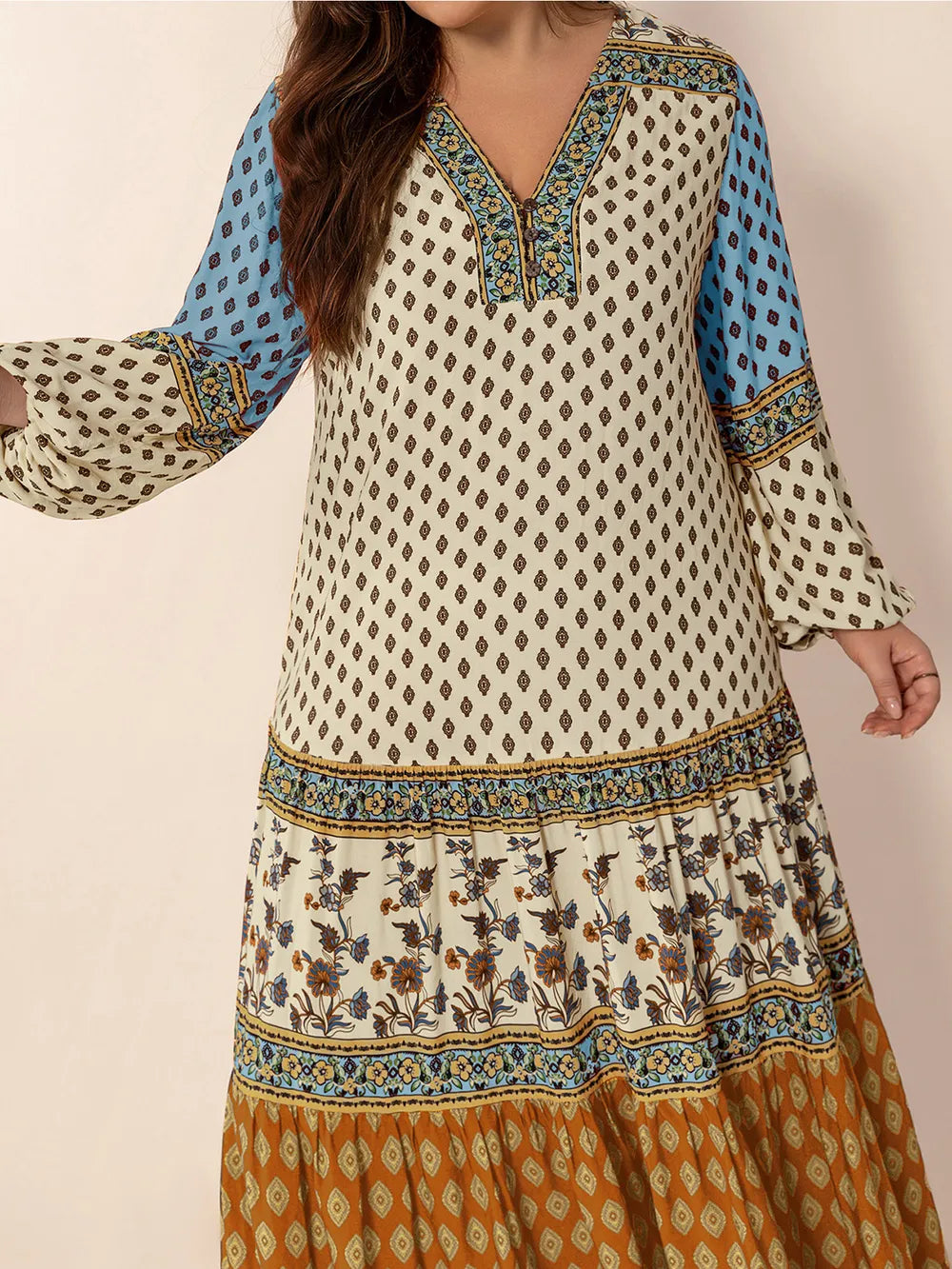 Plus Size Printed V-Neck Balloon Sleeve Maxi Dress | plus size maxi dresses for women
