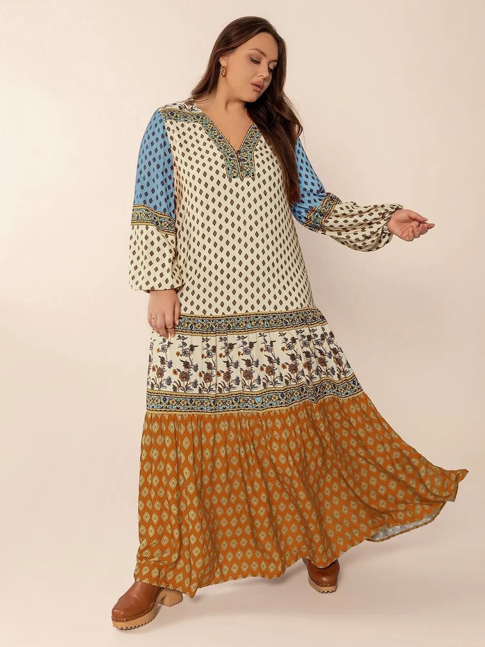 Plus Size Printed V-Neck Balloon Sleeve Maxi Dress | plus size maxi dresses for women