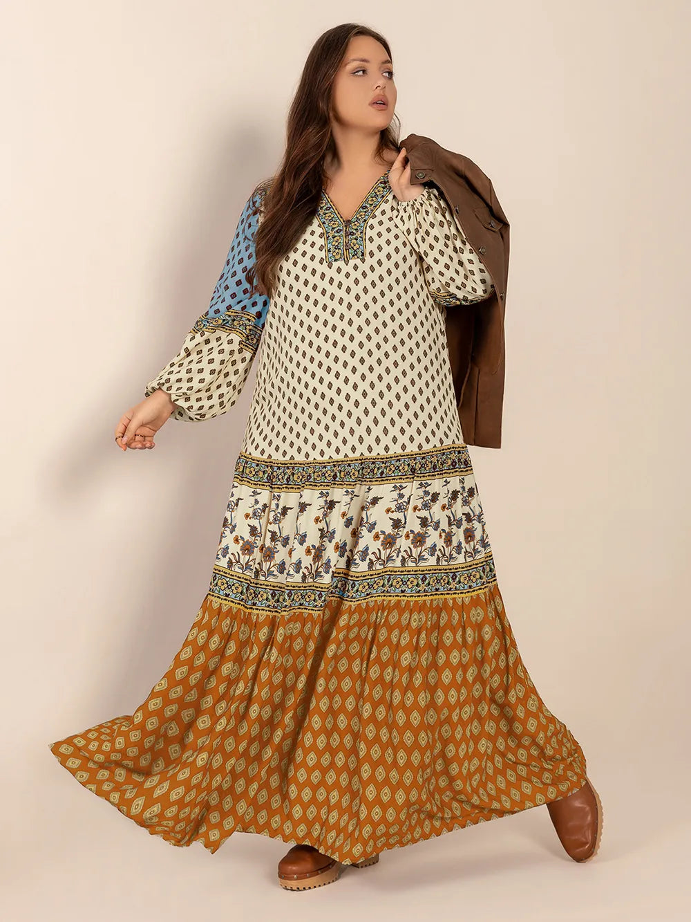 Plus Size Printed V-Neck Balloon Sleeve Maxi Dress | balloon sleeve maxi dress