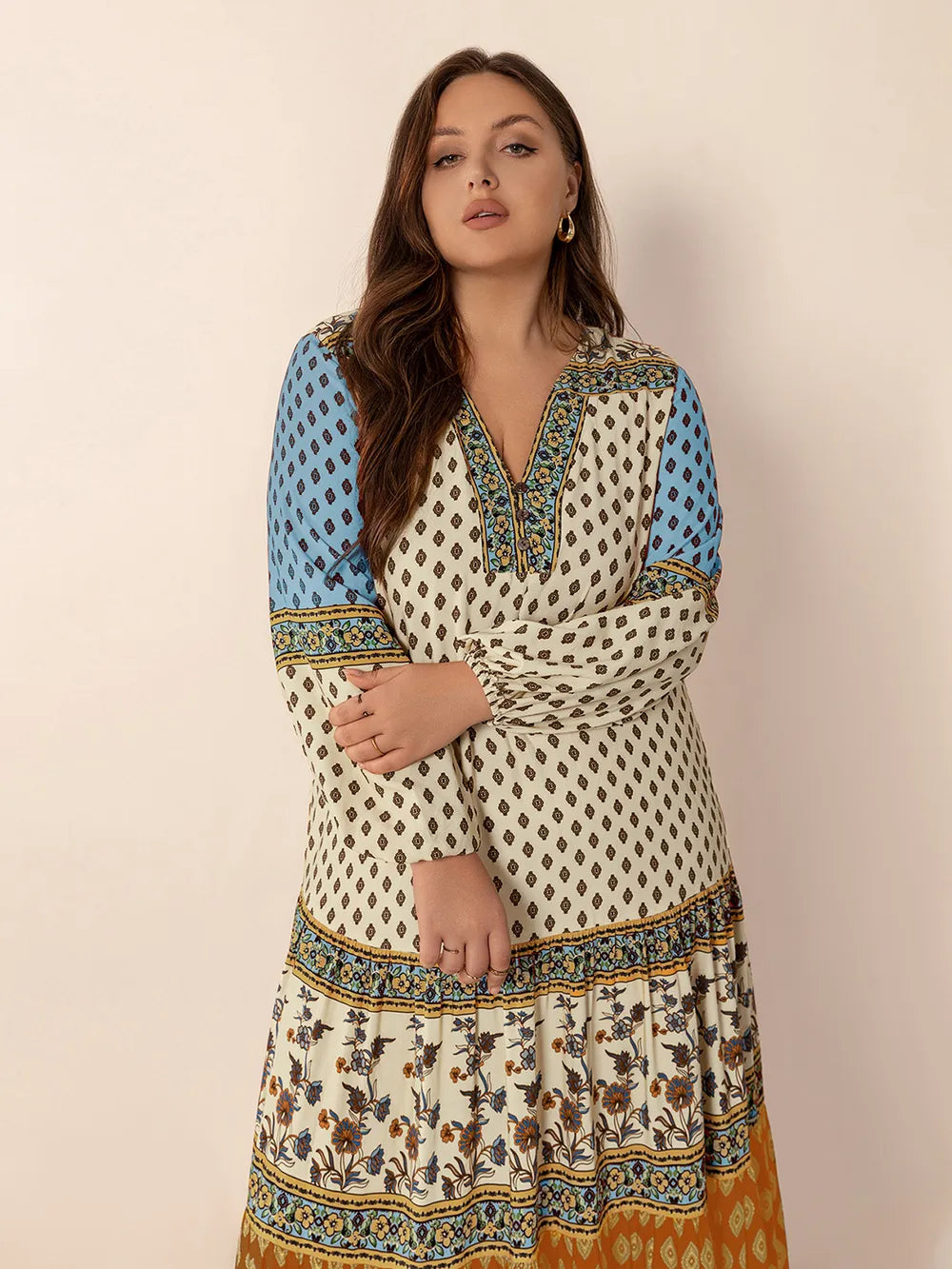 Plus Size Printed V-Neck Balloon Sleeve Maxi Dress | maxi dresses plus size