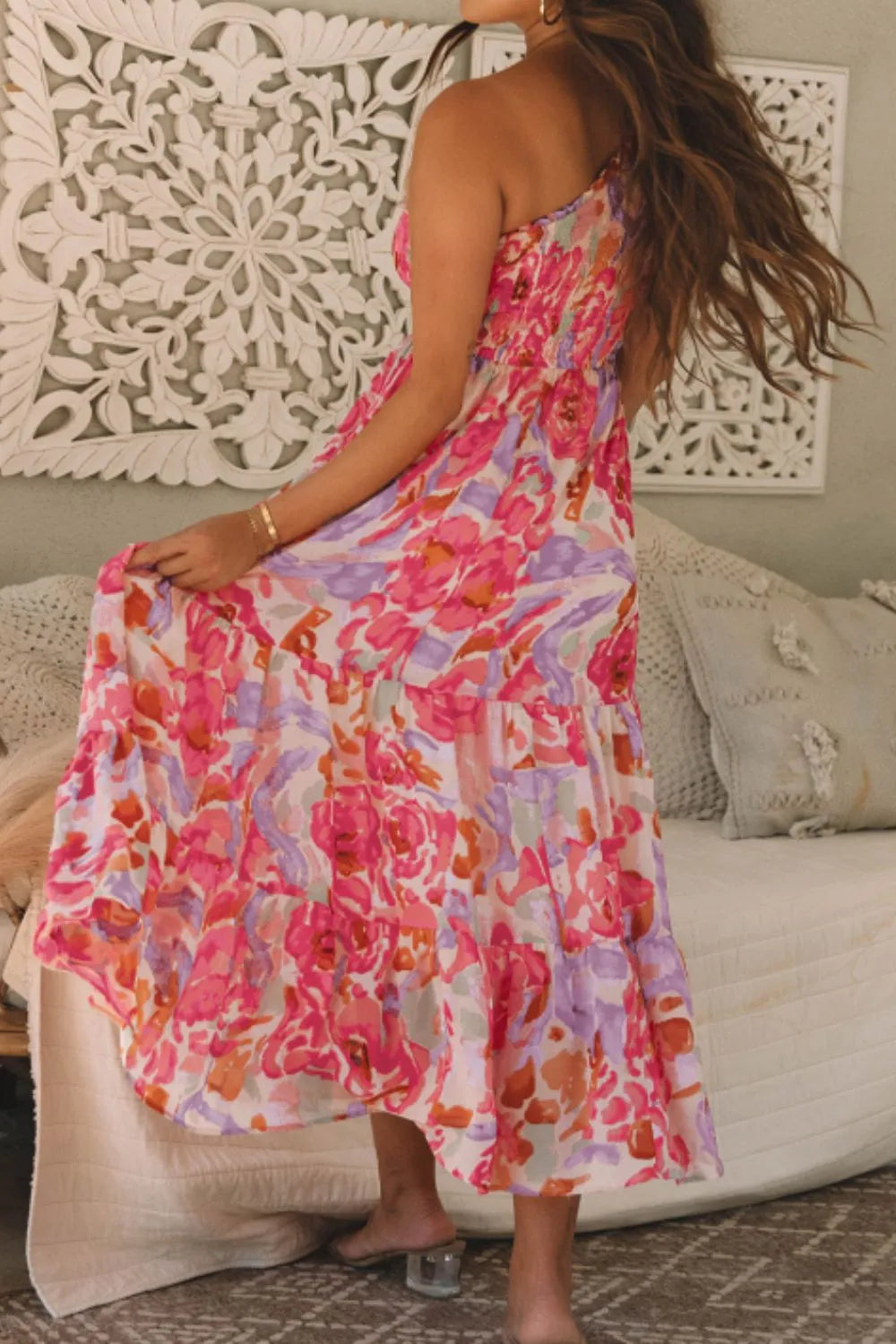 Floral Print Shirred One-Shoulder Maxi Dress | one shoulder maxi dress