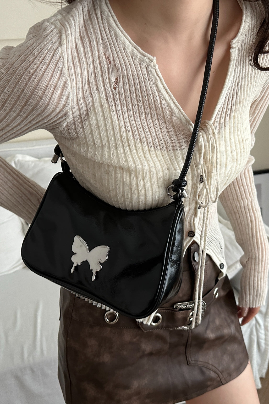 Butterfly PU Leather Knotted Strap Shoulder Bag | black shoulder purse