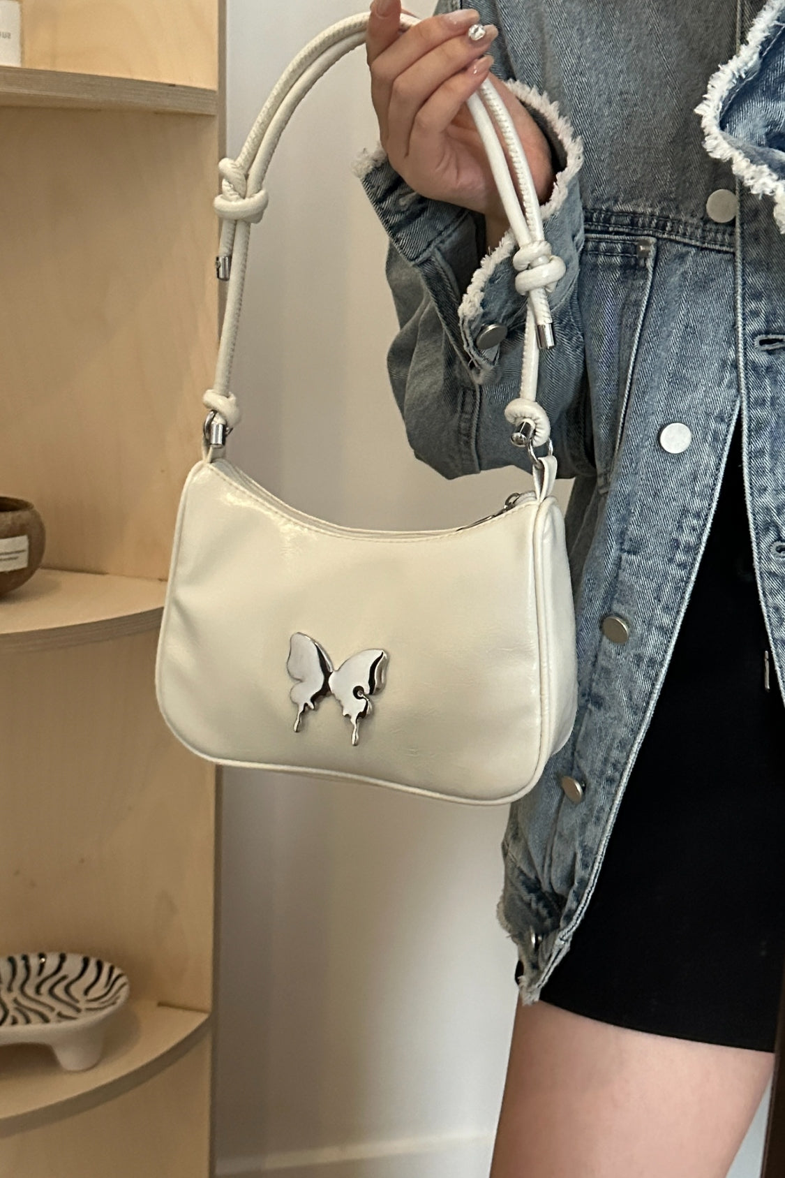 Butterfly PU Leather Knotted Strap Shoulder Bag | White shoulder bag | women's shoulder bag