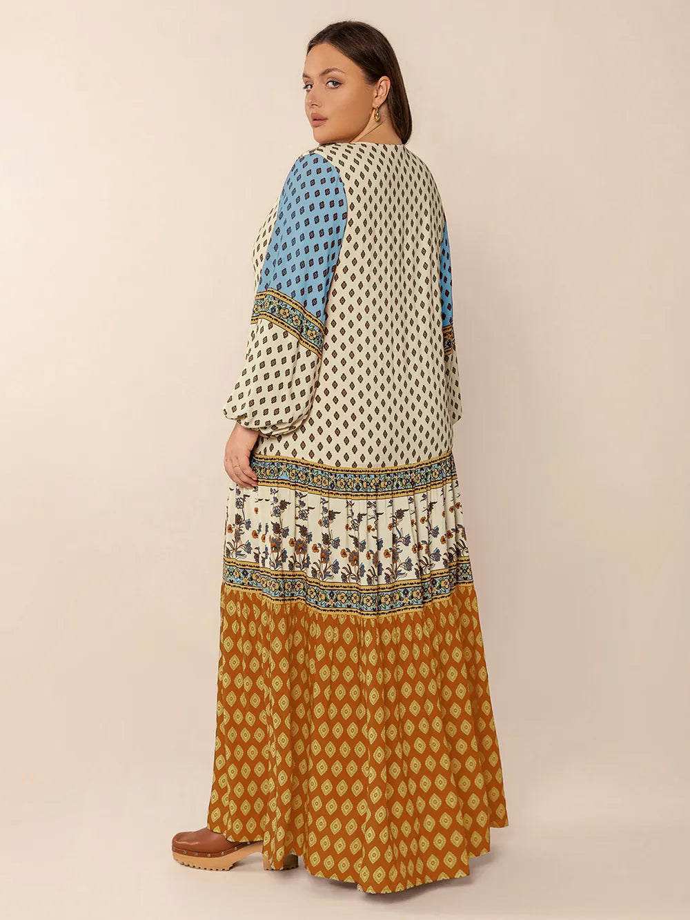 Plus Size Printed V-Neck Balloon Sleeve Maxi Dress | balloon sleeved dress
