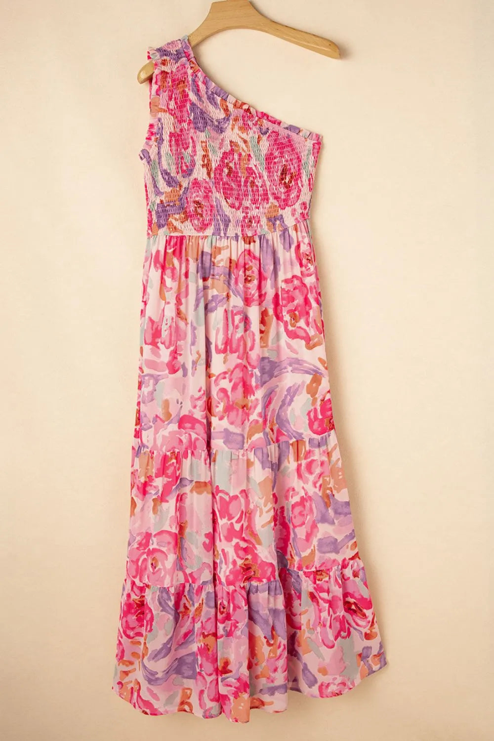 Floral Print Shirred One-Shoulder Maxi Dress | one shoulder floral maxi dress