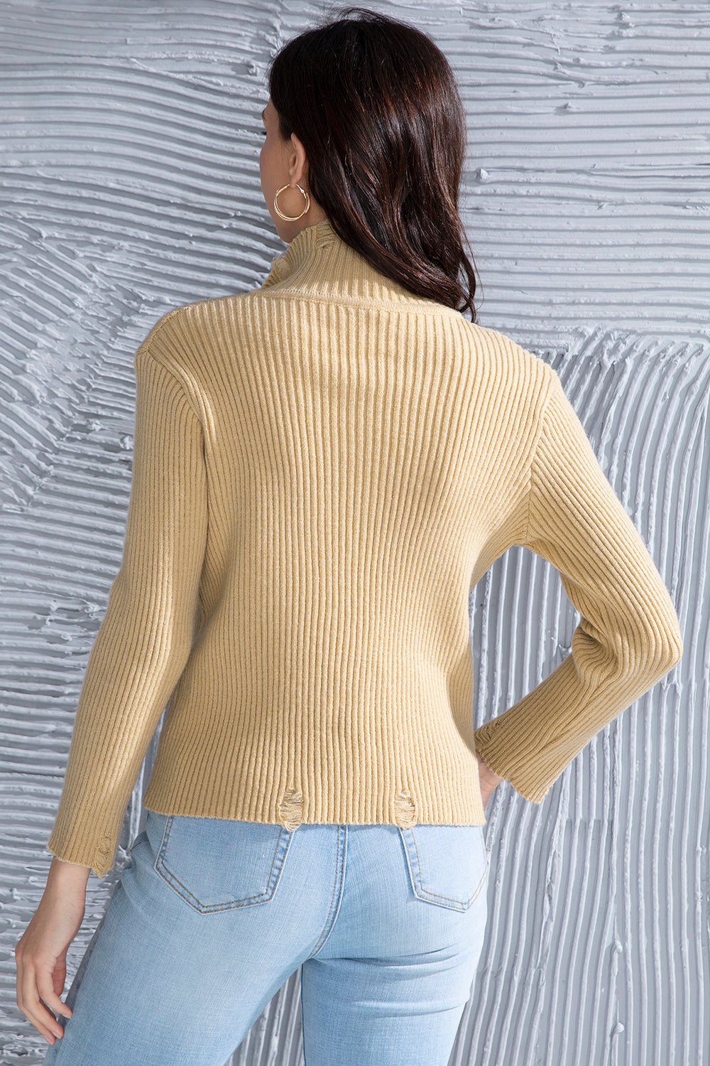 Ribbed Long Sleeve Slit Distressed Sweater