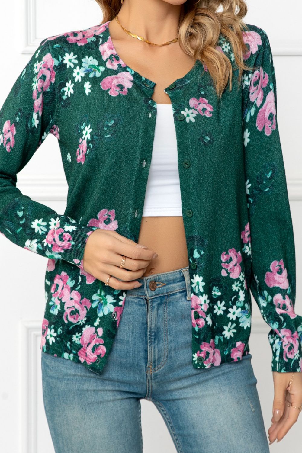 Woven Right Floral Button Front Round Neck Cardigan