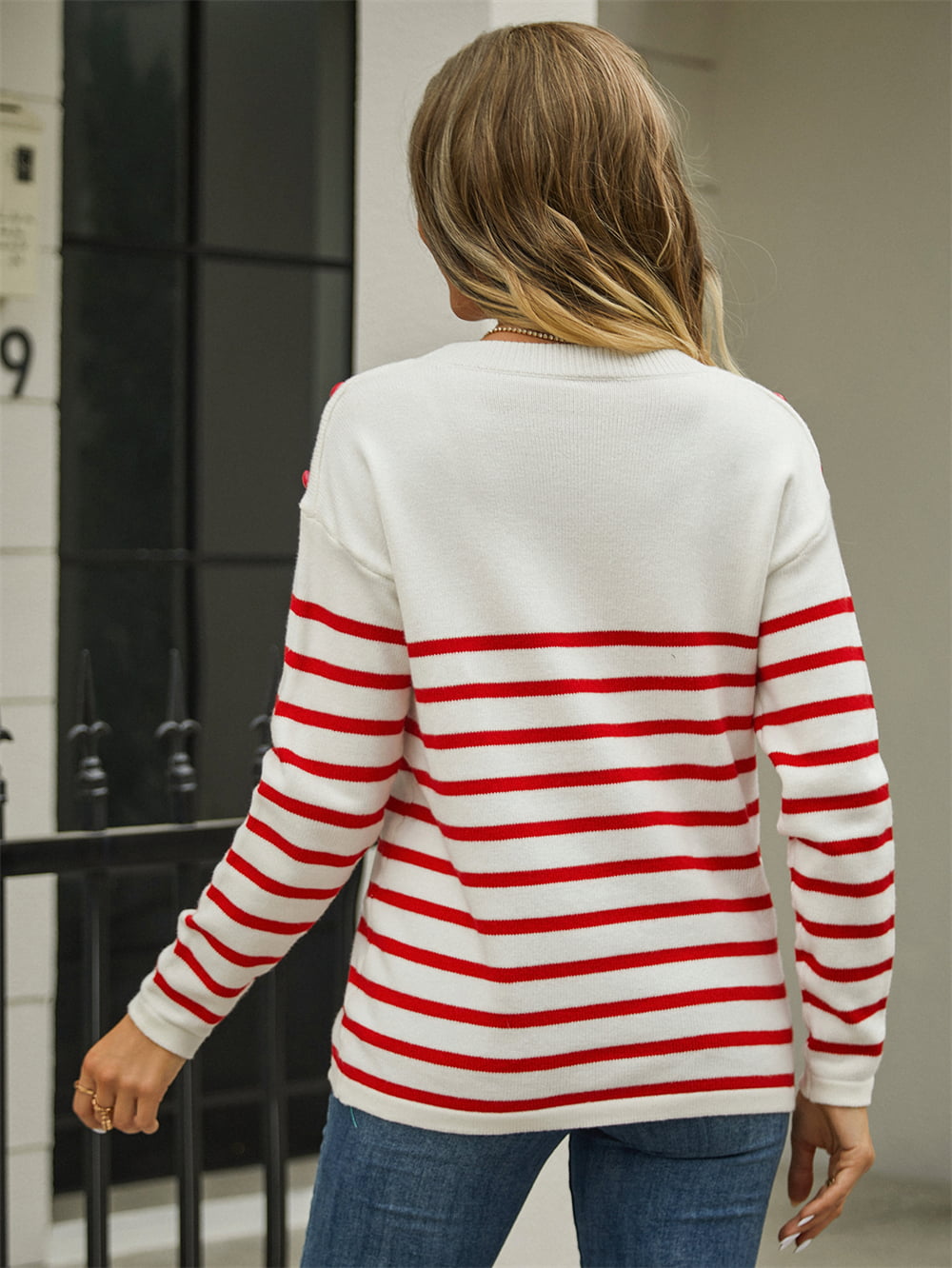 Angel Wings Round Neck Shoulder Button Striped Pullover Sweater