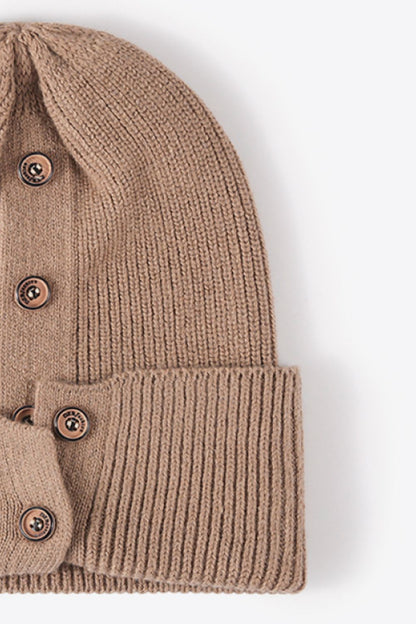 Button Detail Rib-Knit Cuff Beanie