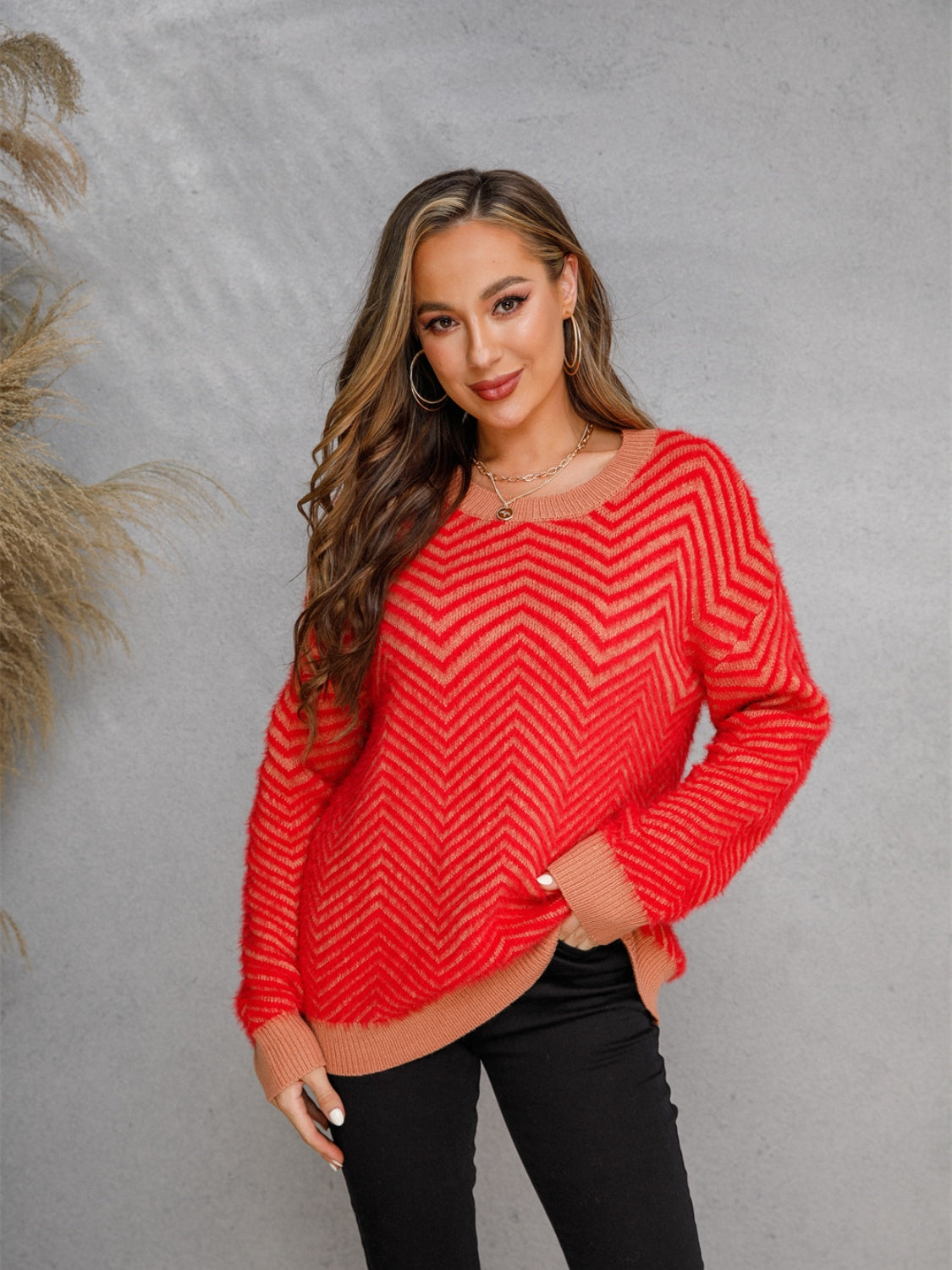 Angel Wings Striped Round Neck Dropped Shoulder Sweater