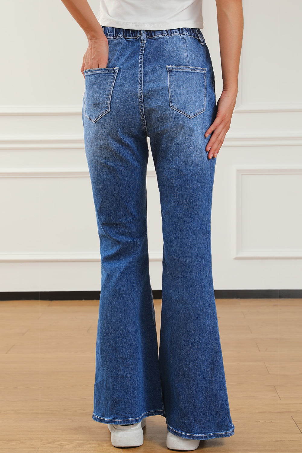 Elastic Waist Bootcut Jeans with Pockets