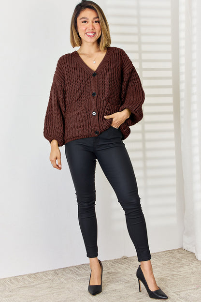 Pocketed Button Up Dropped Shoulder Cardigan