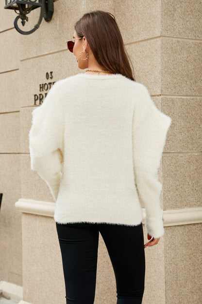 Woven Right Puff Sleeve V-Neck Fuzzy Cardigan