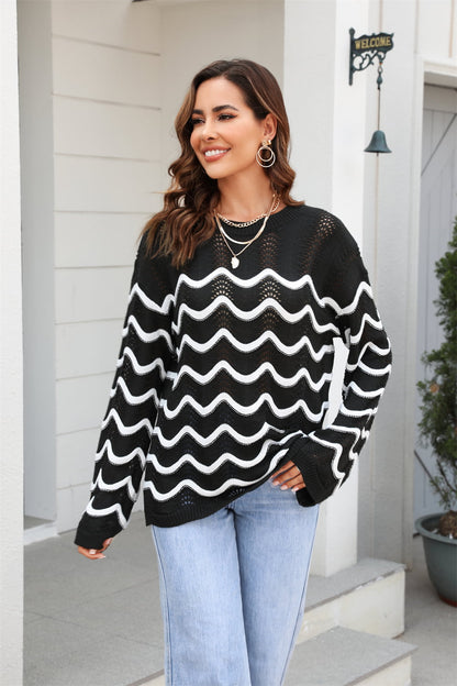 Angel Wings Wave Pattern Round Neck Long Sleeve Sweater