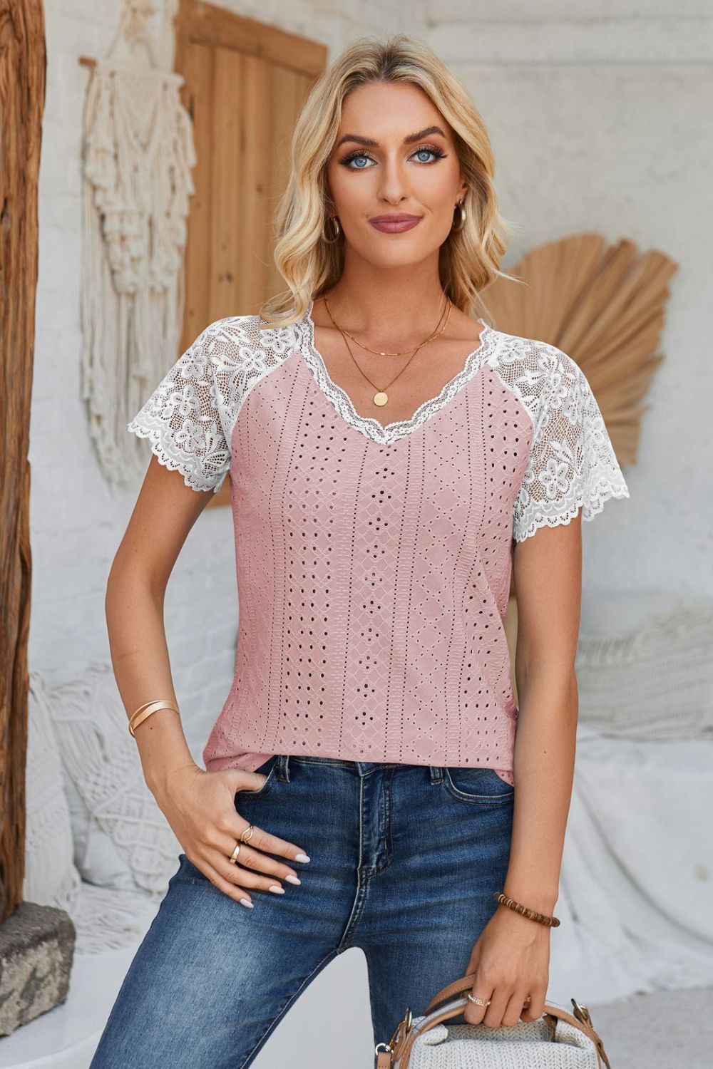 Eyelet V-Neck Lace Short Sleeve T-Shirt