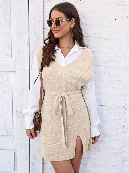 Tie Front V-Neck Sleeveless Slit Sweater Dress