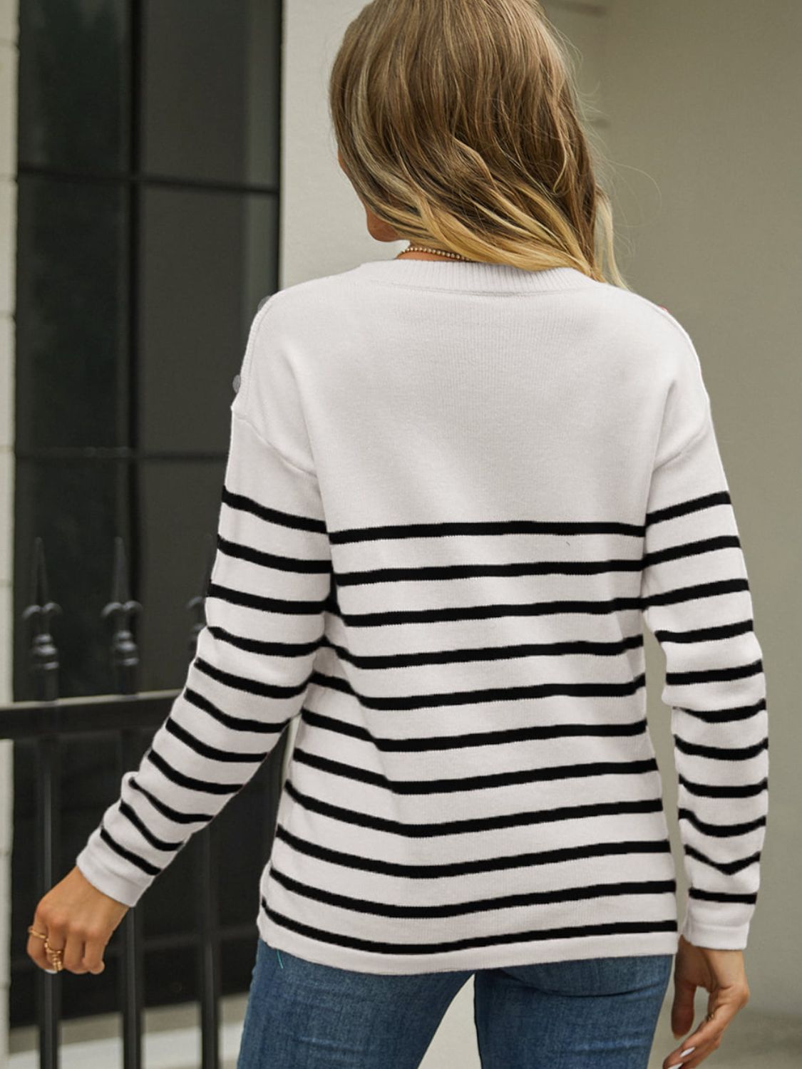 Angel Wings Round Neck Shoulder Button Striped Pullover Sweater