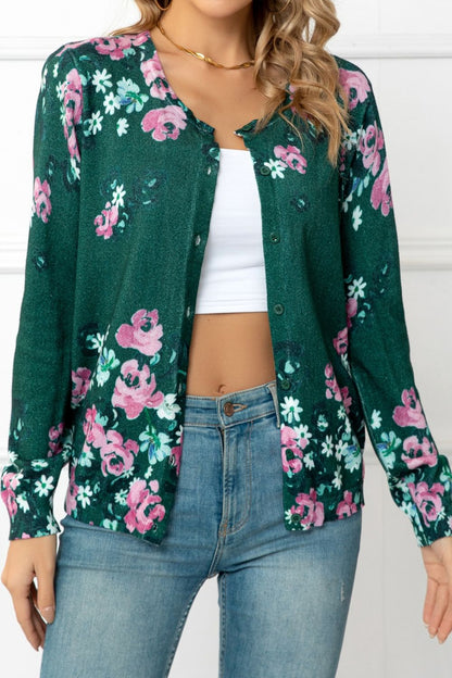 Woven Right Floral Button Front Round Neck Cardigan