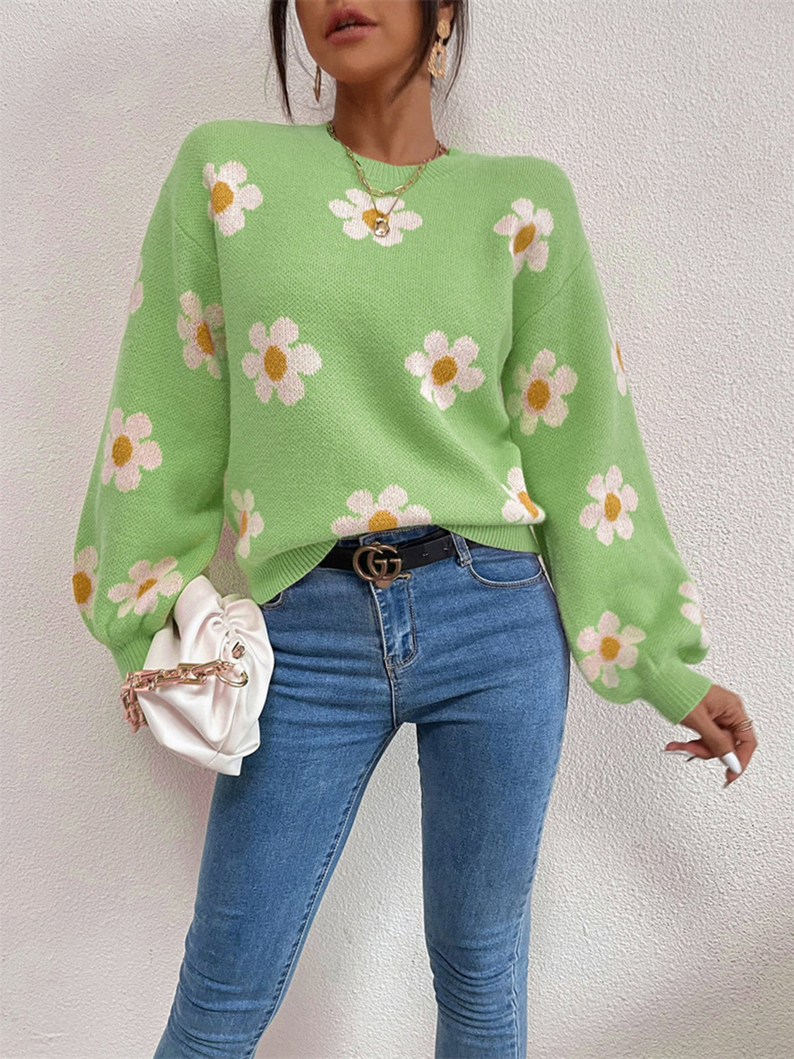 Flower Round Neck Latern Sleeve Sweater