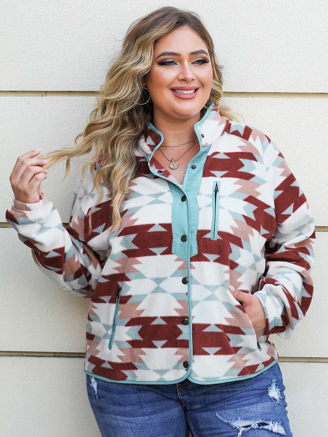 Plus Size Geometric Snap Down Long Sleeve Jacket