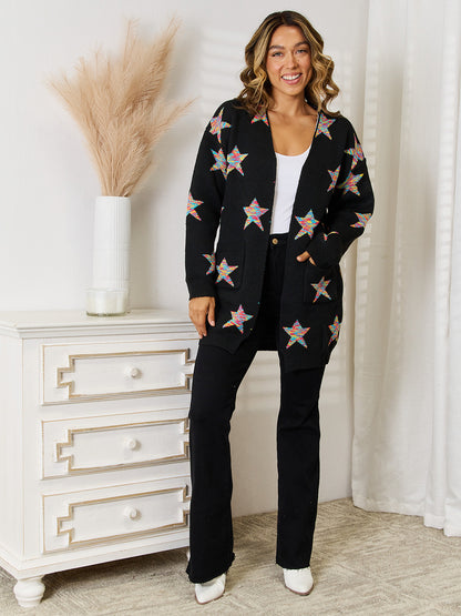 Angel Wings Star Pattern Open Front Cardigan with Pockets