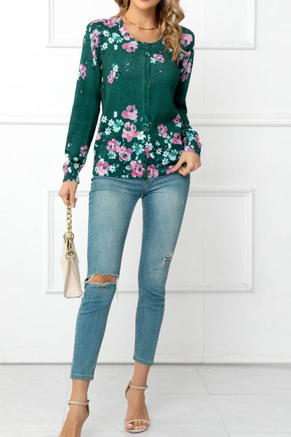 Woven Right Floral Button Front Round Neck Cardigan