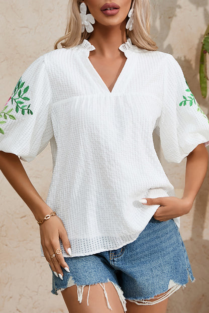 Embroidered Notched Half Sleeve Blouse