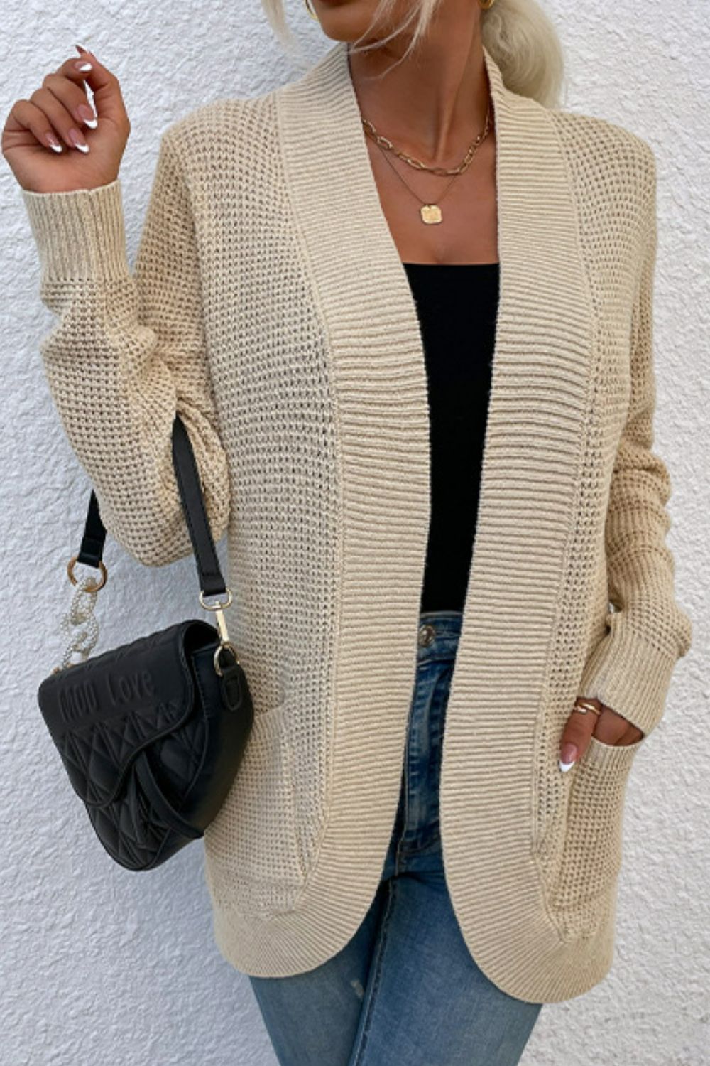 Open Front Rib-Knit Cardigan with Pockets