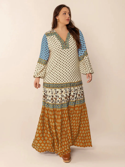 Plus Size Printed V-Neck Balloon Sleeve Maxi Dress | balloon dress for women