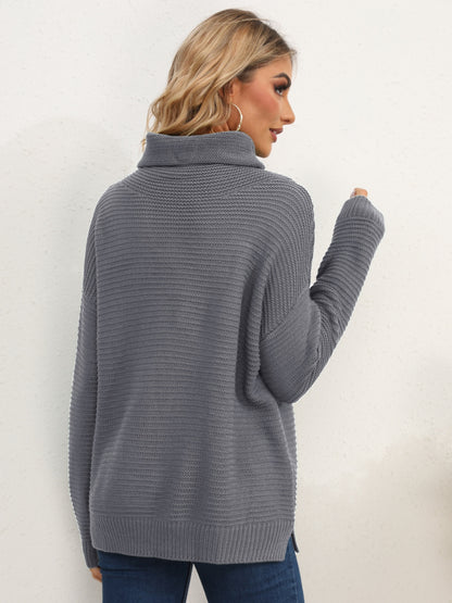 Slit Turtleneck Dropped Shoulder Sweater