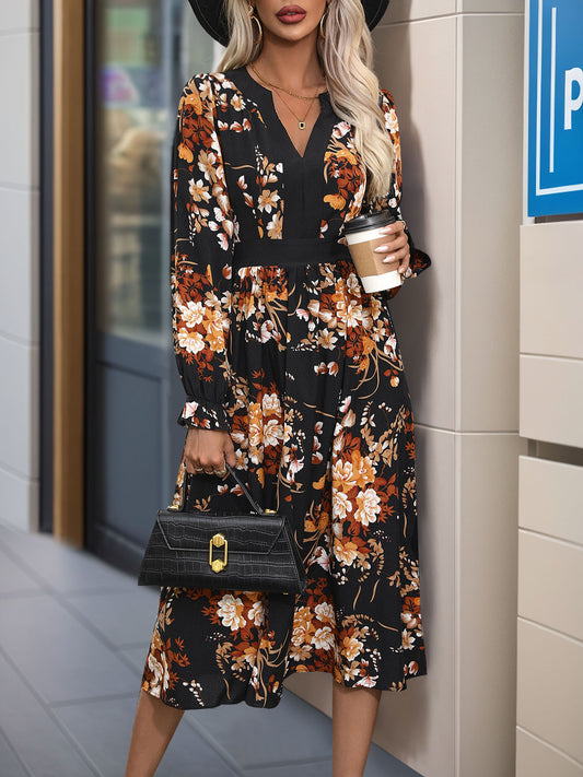 Perfee Printed Notched Long Sleeve Midi Dress