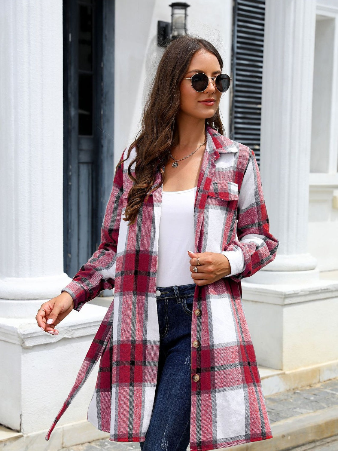 Plaid Belted Collared Neck Button Up Jacket