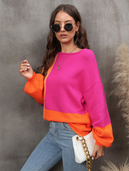 Angel Wings Color Block Round Neck Dropped Shoulder Sweater