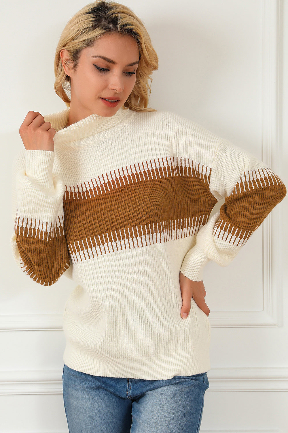 Contrast Turtleneck Long Sleeve Sweater