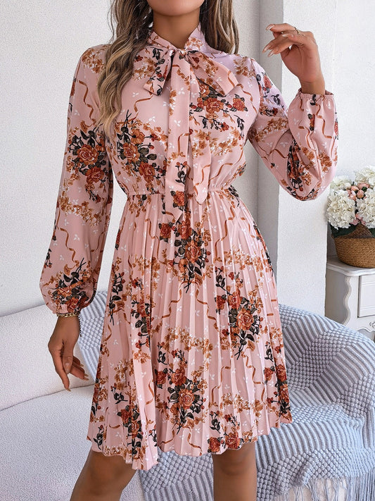 Pleated Printed Tie Neck Long Sleeve Dress