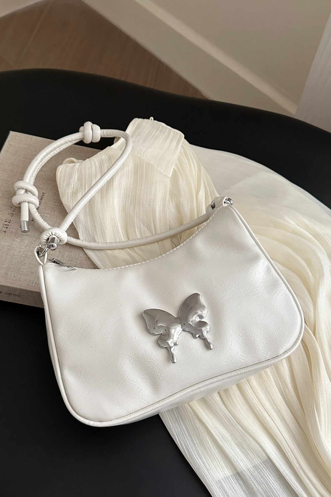 Butterfly PU Leather Knotted Strap Shoulder Bag | White shoulder bag | women's shoulder bag
