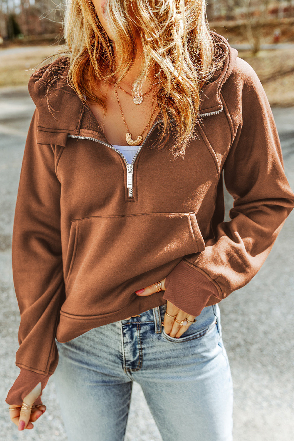 Double_Take_Half-Zip_Thumbhole_Sleeve_Hoodie | hoodie with thumbholes​