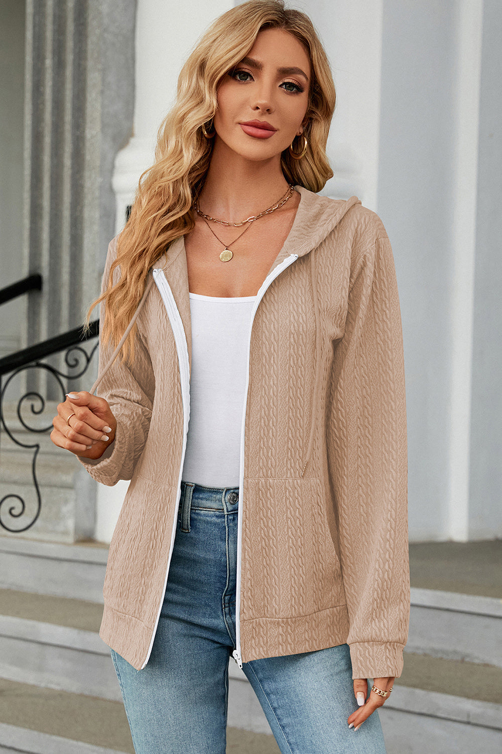 Drawstring_Zip_Up_Long_Sleeve_Hoodie | brown zip up hoodie​
