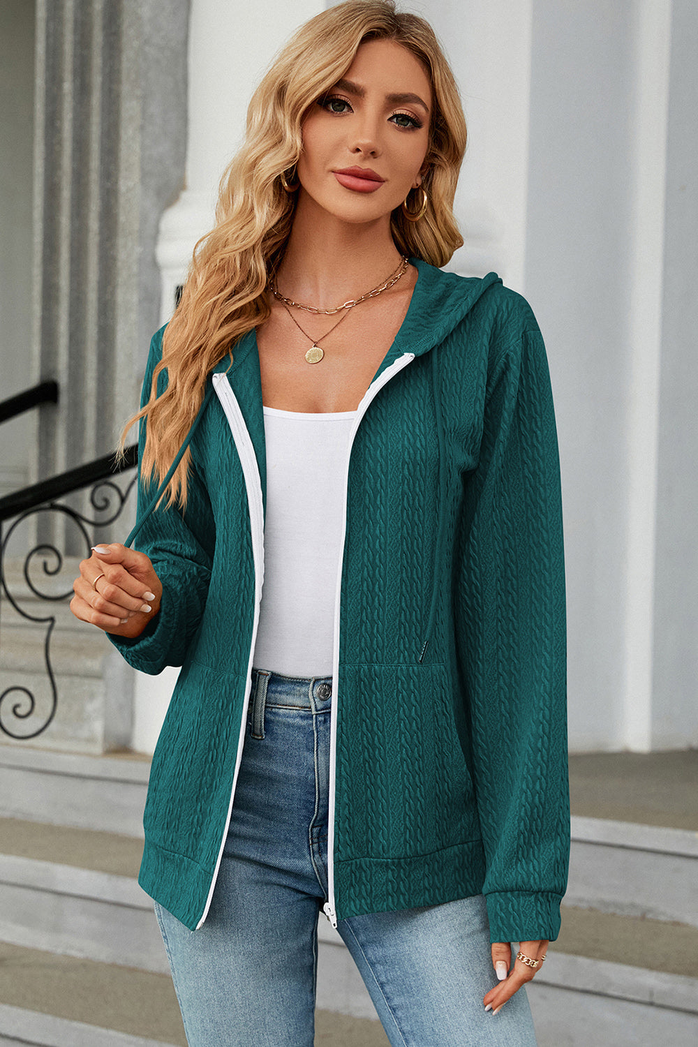 Drawstring_Zip_Up_Long_Sleeve_Hoodie | womens long sleeve hoodie​
