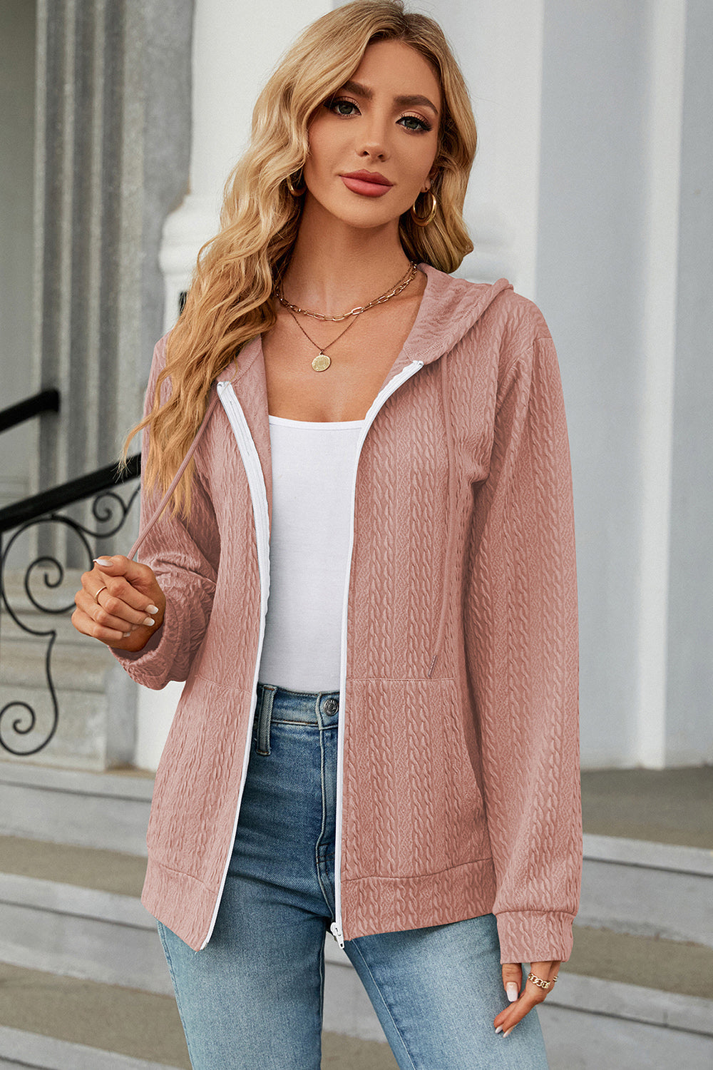 Drawstring_Zip_Up_Long_Sleeve_Hoodie | hoodie strings​