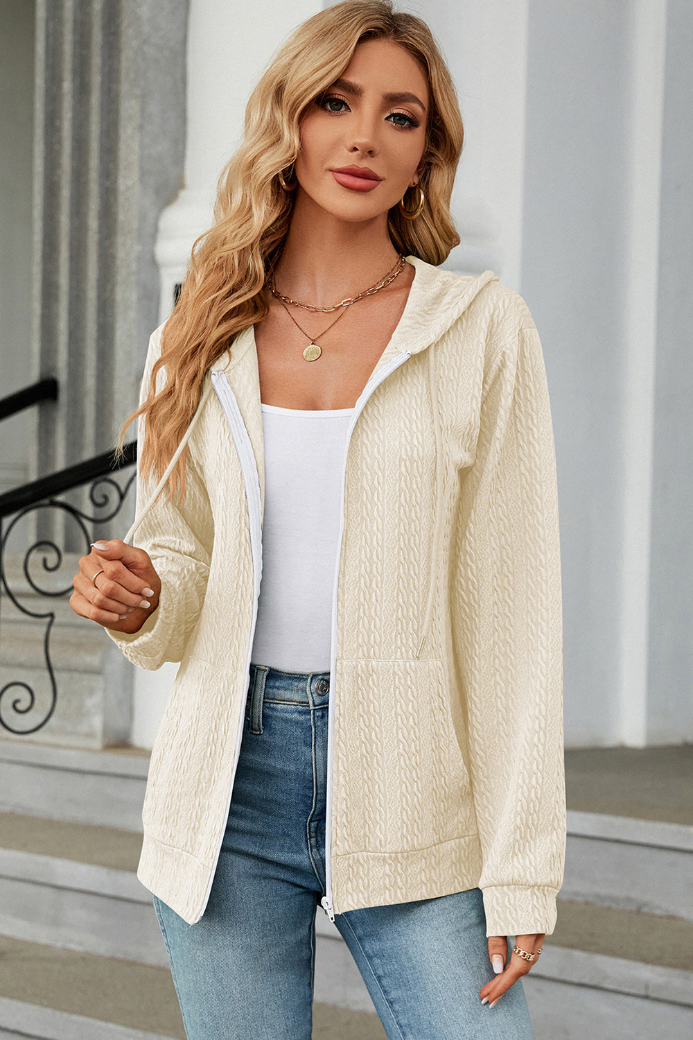 Drawstring_Zip_Up_Long_Sleeve_Hoodie | drawstring hoodies​