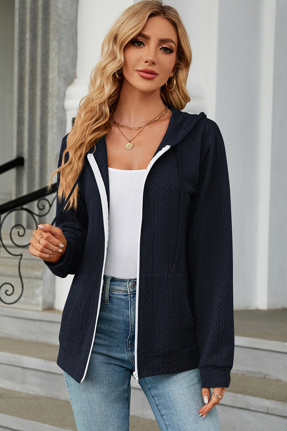 Drawstring_Zip_Up_Long_Sleeve_Hoodie | long sleeve hoodie​