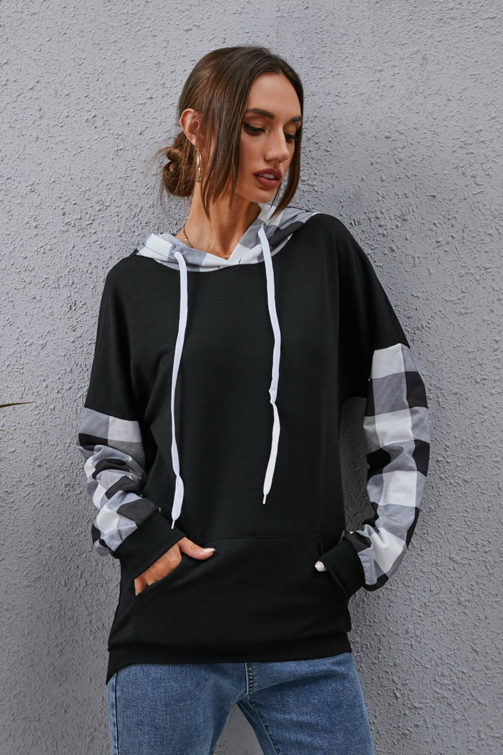 Plaid Drawstring Dropped Shoulder Hoodie | blank drop shoulder hoodie

