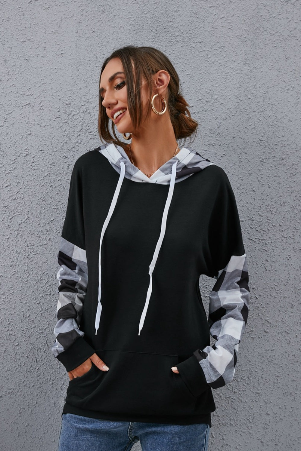 Plaid_Drawstring_Dropped_Shoulder_Hoodie | drop shoulder hoodie
