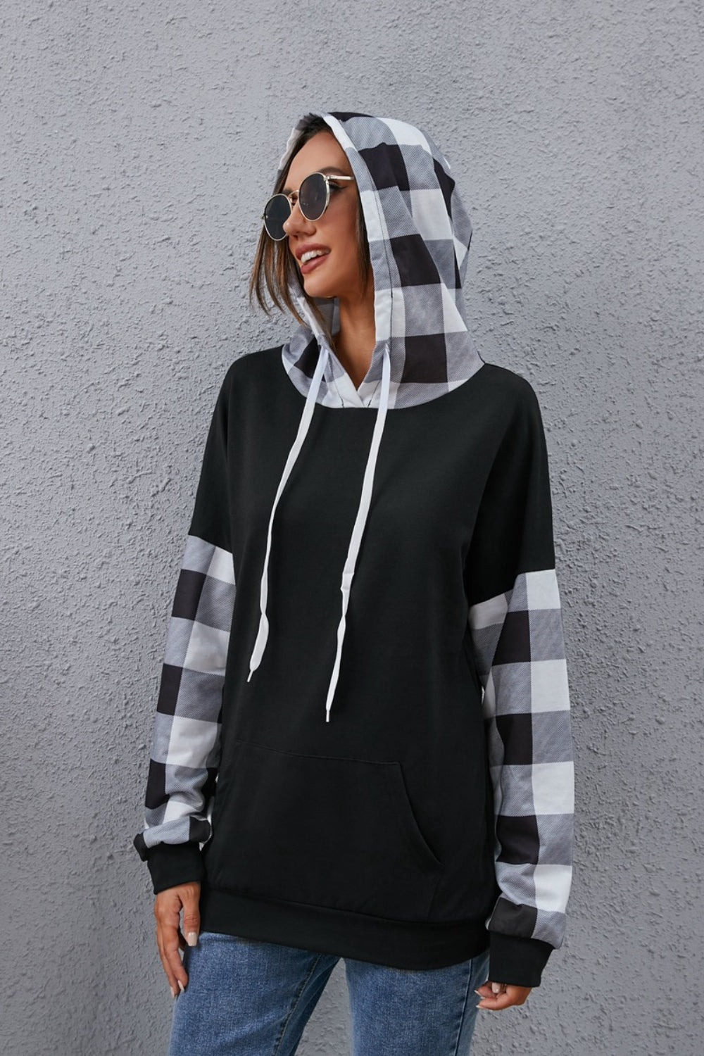 Plaid_Drawstring_Dropped_Shoulder_Hoodie | dropped shoulder
