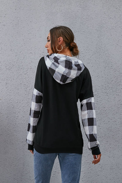 Plaid_Drawstring_Dropped_Shoulder_Hoodie | off shoulder hoodie
