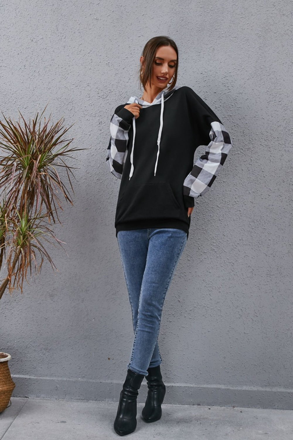 Plaid_Drawstring_Dropped_Shoulder_Hoodie | shoulder hoodie
