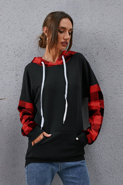 Plaid_Drawstring_Dropped_Shoulder_Hoodie | blank drop shoulder hoodie
