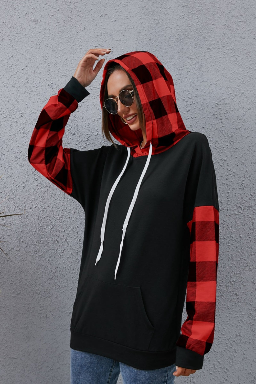 Plaid_Drawstring_Dropped_Shoulder_Hoodie | drop arm hoodie
