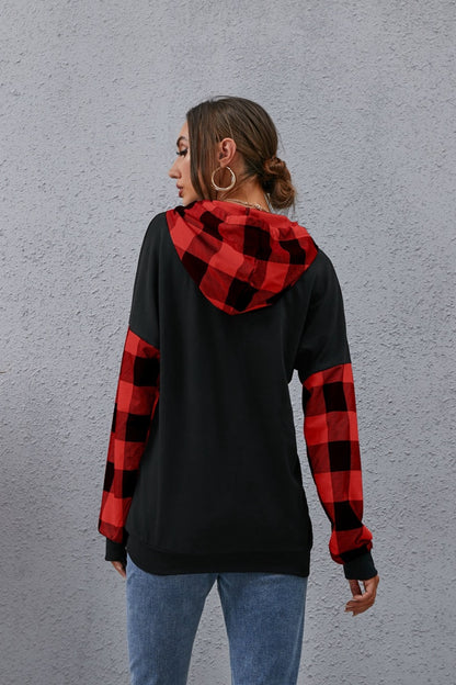 Plaid_Drawstring_Dropped_Shoulder_Hoodie | women's essential hoodie
